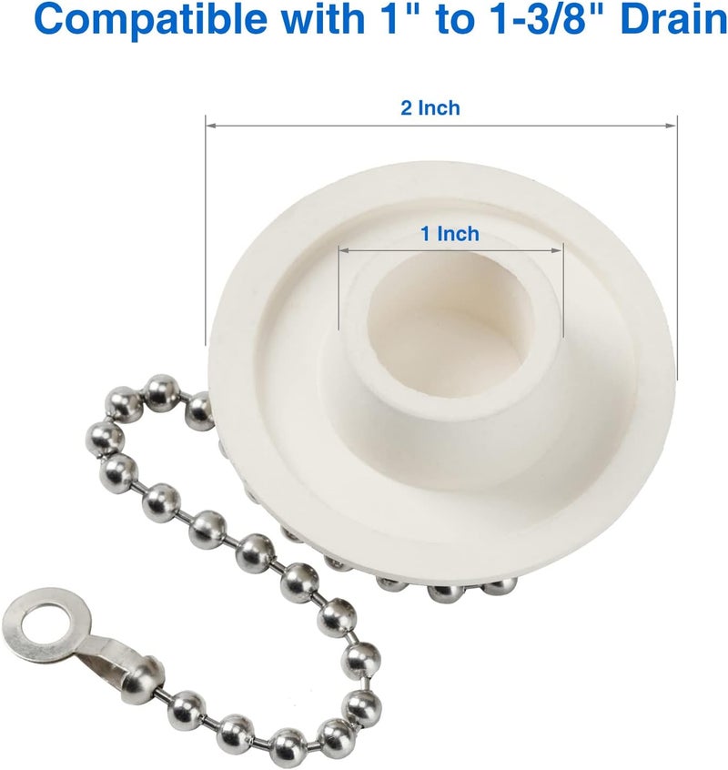 Opzour 2 Packs Tub Stopper, Rubber Bathtub Stoppers Drain Plug with 15" Stainless Steel Beaded Chain, Premium Bathroom Plug Fit for 1" to 1-3/8" Kitchen Sink, Bathroom Bath tub, Drain Stopper, White - Image 2